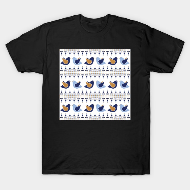 Gold And Blue Birds Pattern T-Shirt by Blue-Banana